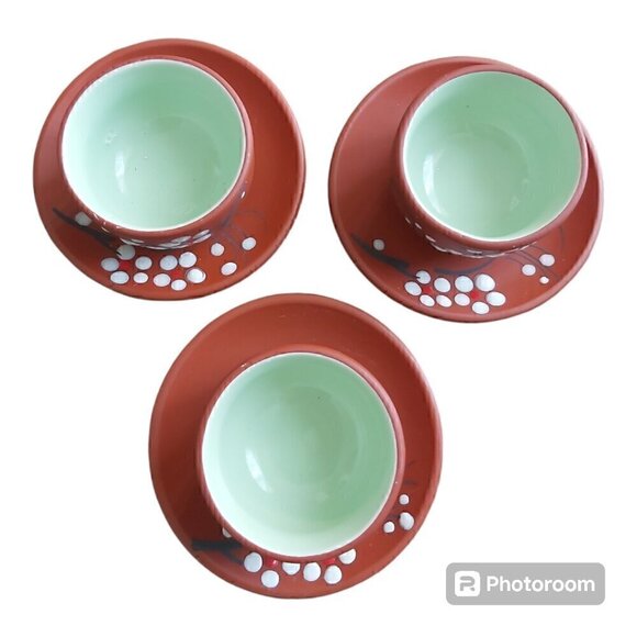 Hand Painted Ochoko Sake Tea Cups & Saucer Set, Plum Blossoms - Set Of 3 - Picture 2 of 8